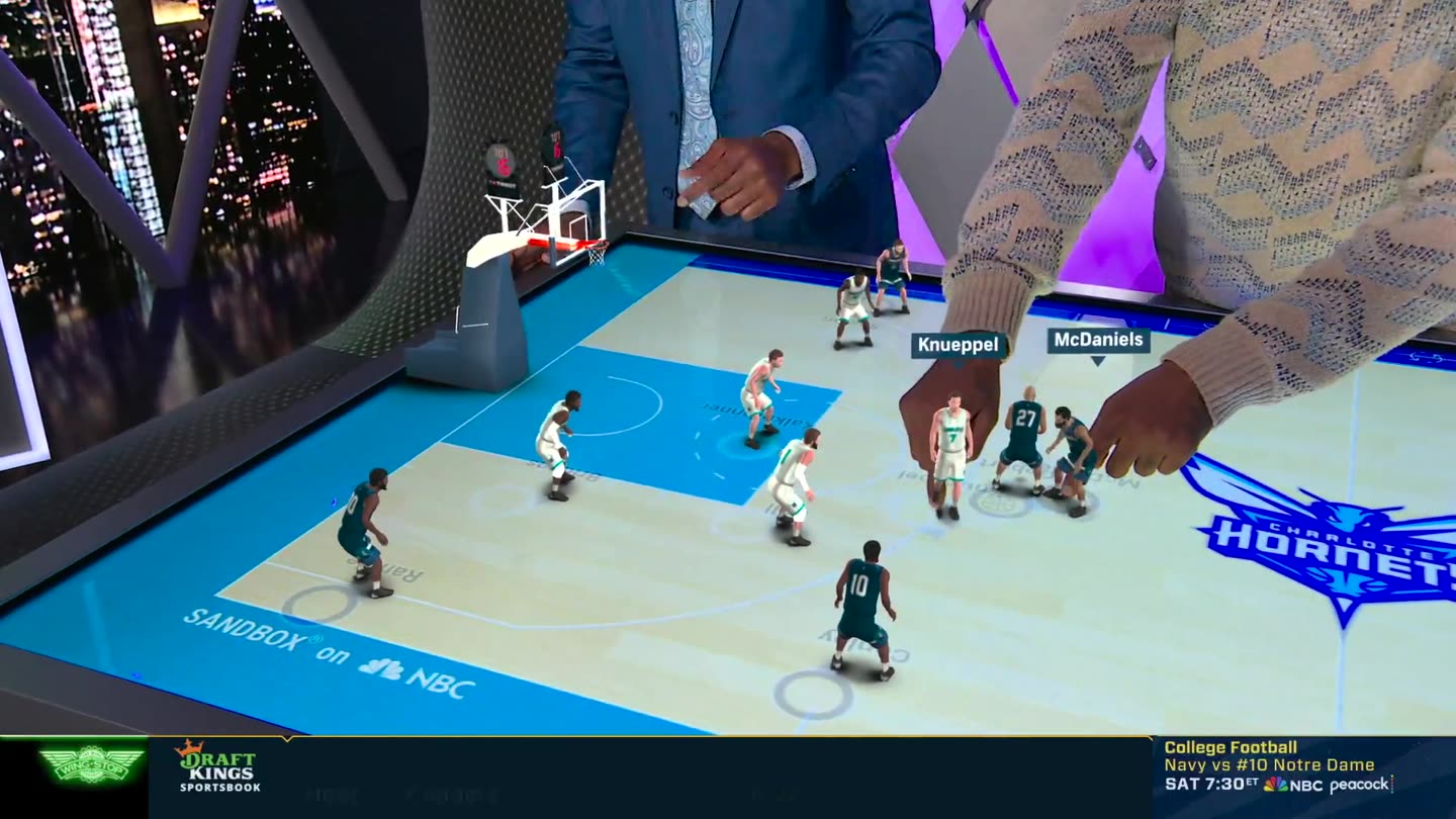 Close-up of the Sandbox AR court with labelled players