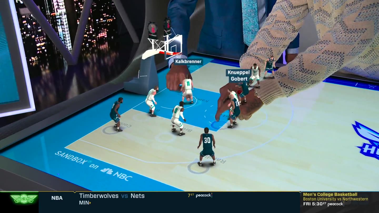 Sandbox AR basketball court on NBC with 3D player figures and names
