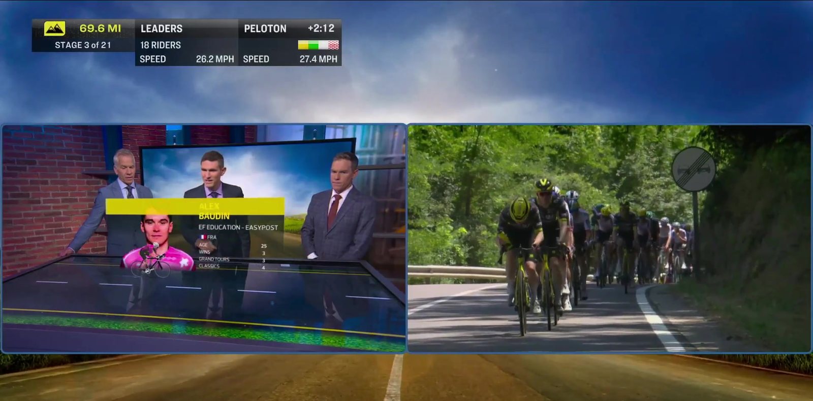 Split screen: the AR studio table beside the live race feed, with time gaps and speeds
